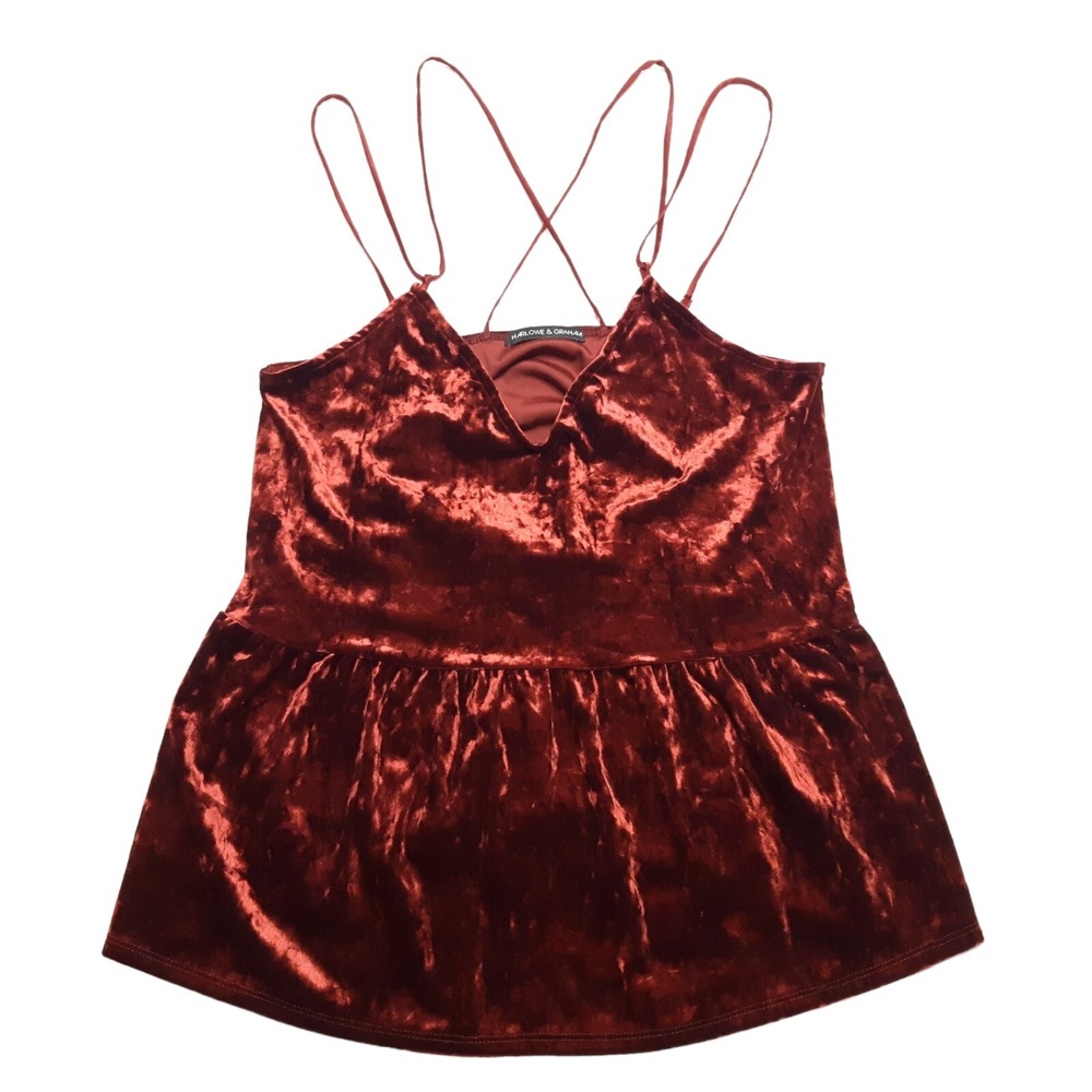 Harlowe Graham Top Womens Medium Red Burgundy Velvet Peplum Crisscross‎ Straps